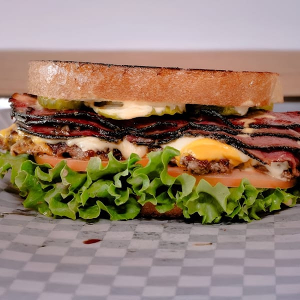 A Made Burgers sandwich with pastrami, melted cheese, lettuce, tomato, and pickles on toasted bread.