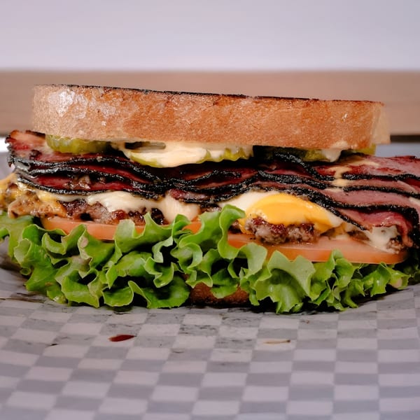 A Made Burgers sandwich with pastrami, cheese, lettuce, tomato, and pickles on toasted bread.