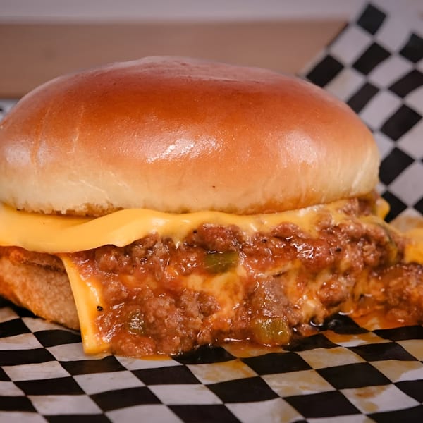 A Made Burgers chili cheese burger with melted cheese and chili on a checkered paper.