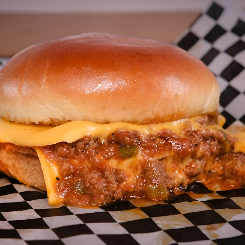 A Made Burgers chili cheese burger with melted cheese and chili on a checkered paper.