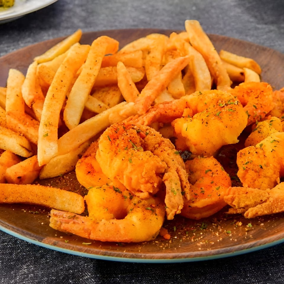 Crispy golden french fries and breaded shrimp seasoned with herbs on a brown plate.