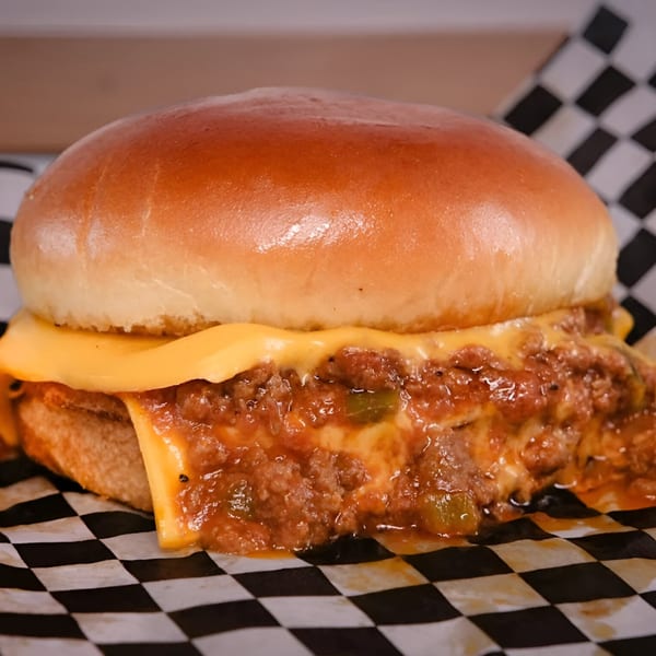 A Made Burgers chili cheeseburger with melted cheese and chili overflowing onto checkered paper.