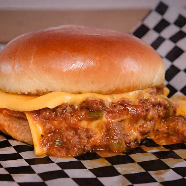 A Made Burgers chili cheeseburger with melted cheese and chili overflowing onto checkered paper.